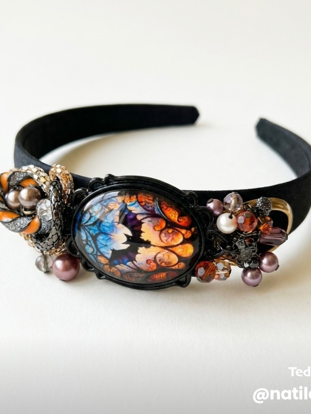 Black Headband with Orange & Purple Bat Cameo and Beaded Accents
